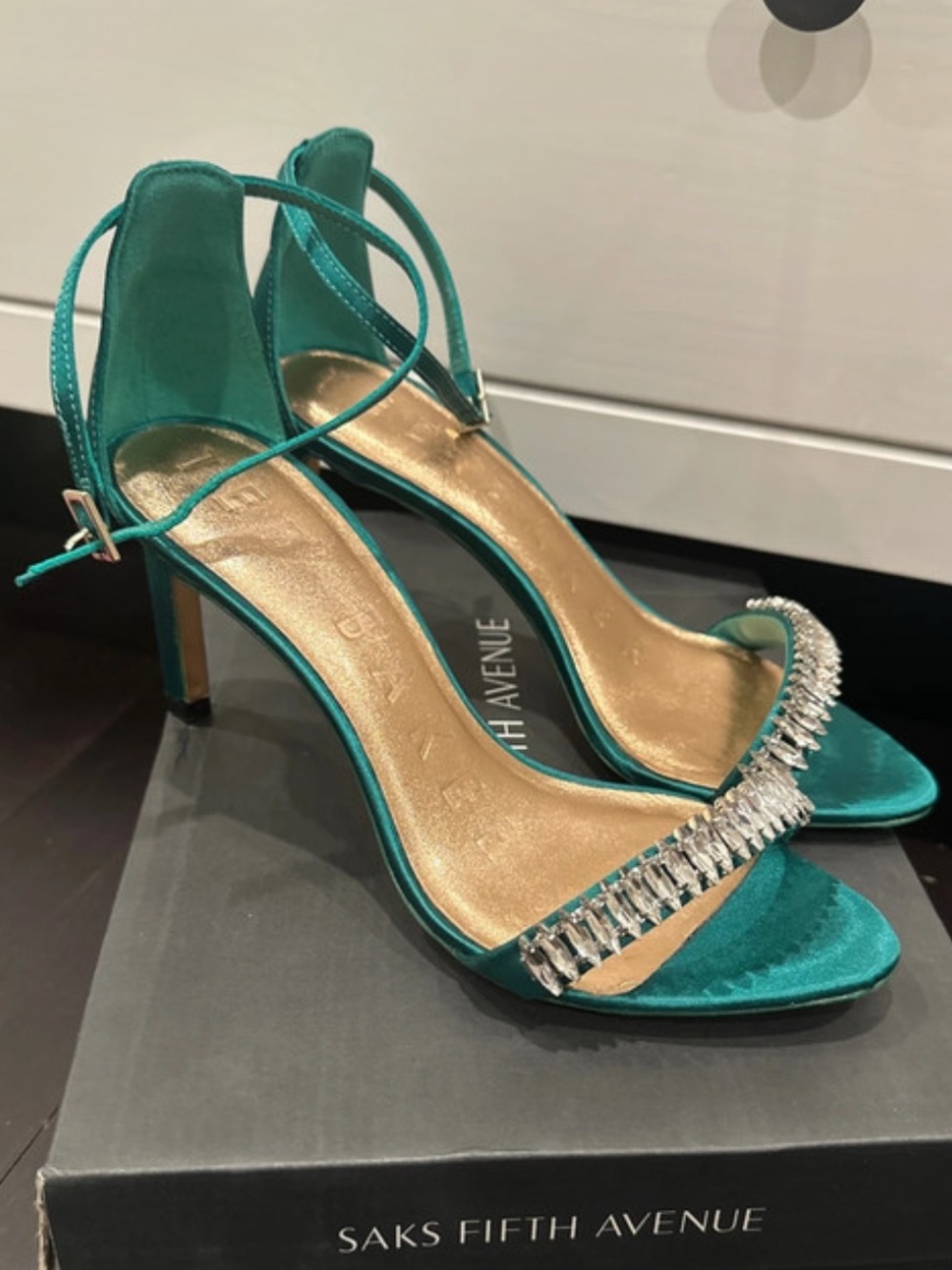 Ted Baker Ankle-Strap Green Satin Heels with Crystal Front
